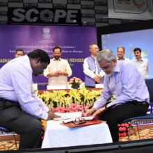 The Union Minister for Minority Affairs, Shri Mukhtar Abbas Naqvi witnessing the signing of MoUs, at the National Conference of Principal Secretaries-Secretaries in-charge of States - UTs dealing with Minority Affairs, in New Delhi on July 16, 2018.